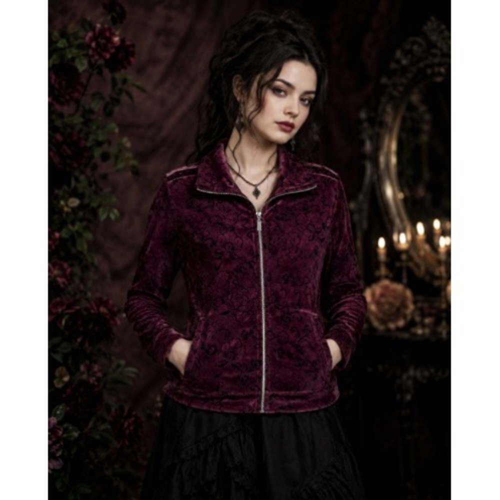 Karen Scott Sport L Burgundy Black Floral Velour Full Zip Jacket Whimsygoth